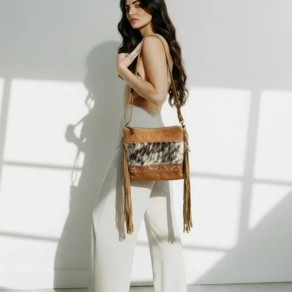 NEW Myra Bag Hand-Tooled Leather Cowhide Fringe crossbody festival flower Gift 💡 - Picture 2 of 9